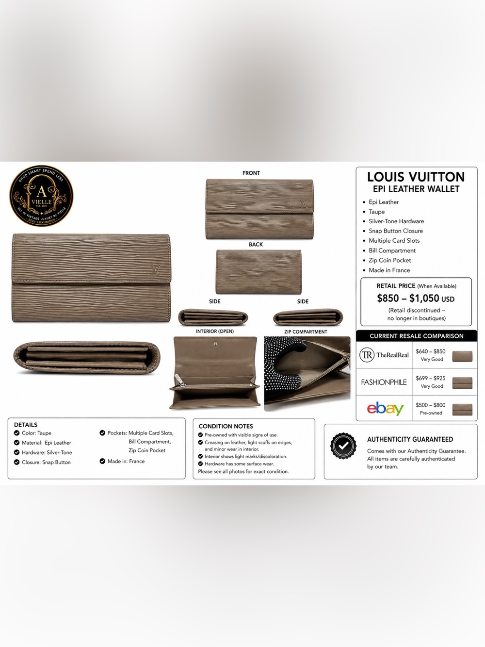 Louis Vuitton Authentic Epi Leather Sarah Long Wallet Taupe Brown